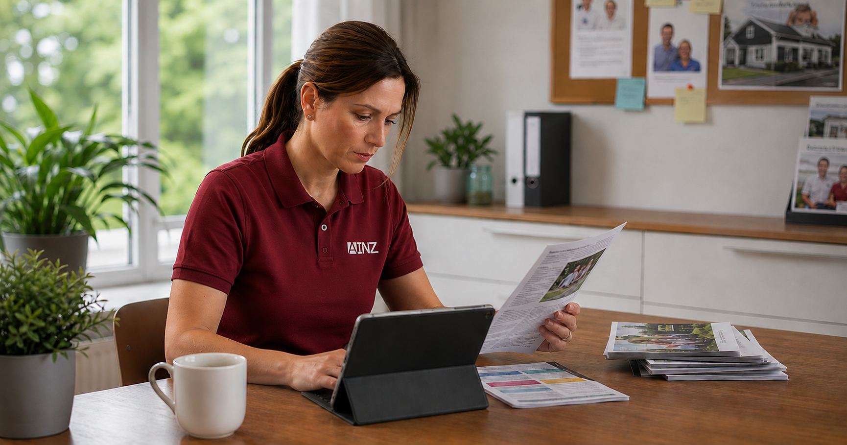 Moderne Pflegeumgebung mit Unterlagen, Tablet und aktueller Information.